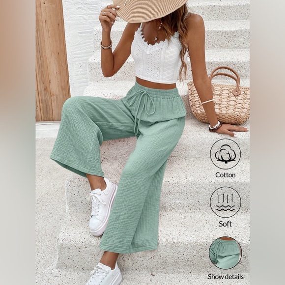 2 piece Lace Trim Crop Cami Top & Wide Leg Pants Apricot - Picture 6 of 6